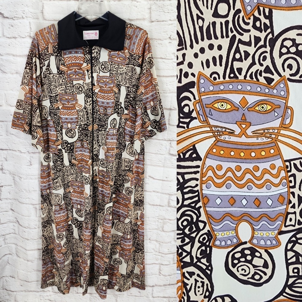 Vintage 60s 70s Lorraine Cat Nightgown Robe Small Tiki Mod Groovy Retro Lorraine